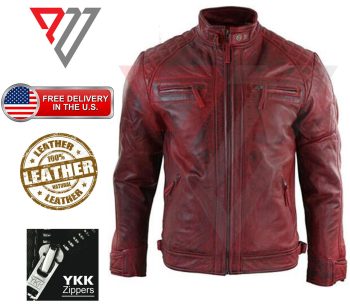 Men's Burgundy Distressed Lambskin Dual-Pocket Café Racer Jacket | PWVests