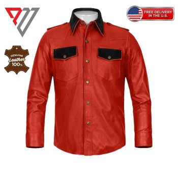 Men's Lambskin Soft Red Leather Slim Fit Full Sleeve Biker Casual Button Shirt | PWVests