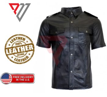 Men's Lambskin Black Leather Slim Fit Half Sleeve Biker Casual Button Shirt | PWVests