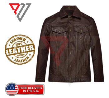 Men's Brown Lambskin Leather Full Sleeve Trucker Shirt | PWVests