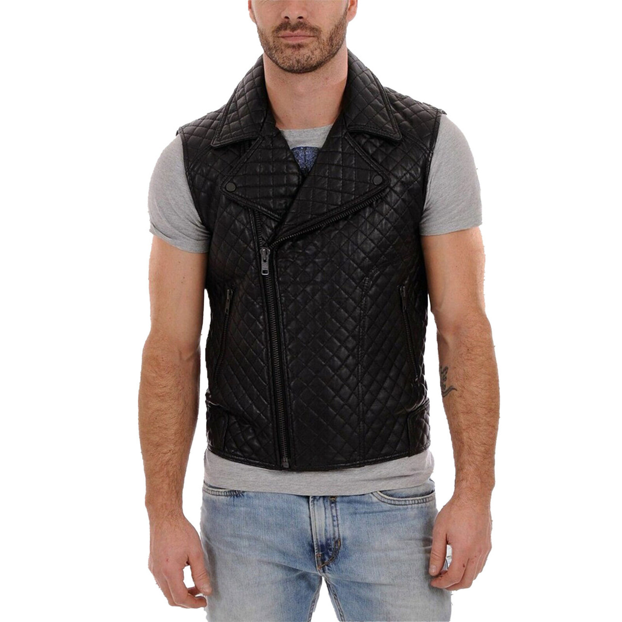 Mens Black Genuine Leather Motorcycle Vest/Slim Fit Sleeveless Jacket/Biker Vest