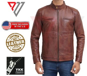 Men's Cognac Brown Lambskin Twin-Chest-Pocket Biker Jacket | PWVests