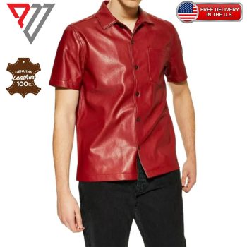 Men's Lambskin Soft Red Leather Slim Fit Half Sleeve Biker Casual Button Shirt | PWVests