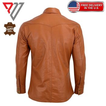 Tan Brown Lambskin Leather Slim Fit Casual Button Shirt | PWVests