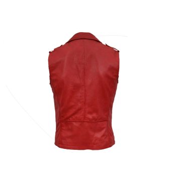 Back - Men's Red Genuine Leather Motorcycle Vest — Collared Button-Front Biker Style