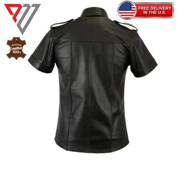 Black Lambskin Leather Slim Fit Casual Button Shirt | PWVests
