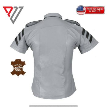 Gray Lambskin Leather Slim Fit Half Sleeve Biker Button Shirt | PWVests
