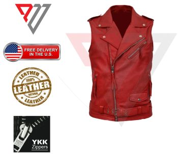 Men's Red Genuine Leather Motorcycle Vest — Collared Button-Front Biker Style | PWVests