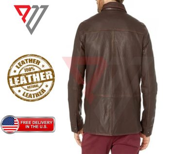 Brown Lambskin Leather Slim Fit Full Sleeve Biker Button Shirt | PWVests