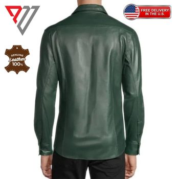 Green Lambskin Leather Slim Fit Full Sleeve Biker Button Shirt | PWVests