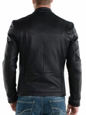 Vintage-Grain Band-Collar Moto Jacket with Single Chest Pocket - back view