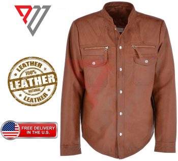 Men's Lambskin Soft Tan Leather Slim Fit Full Sleeve Biker Casual Button Shirt | PWVests