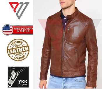 Men's Cognac Brown Lambskin Three-Zip-Pocket Band-Collar Moto Jacket | PWVests