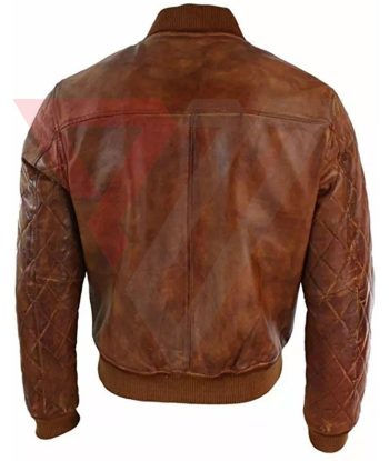 Men's Distressed Brown Lambskin Diamond-Quilted Bomber Jacket | PWVests