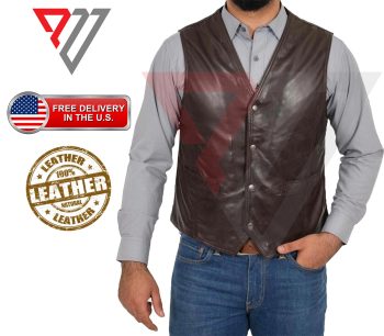Men's Brown Genuine Leather Slim-Fit Button-Front Motorcycle Vest | PWVests