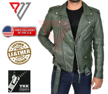 Men's Olive Green Lambskin Classic Brando Moto Jacket | PWVests
