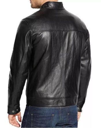 Four-Pocket Moto Jacket with Banded Leather Hem - back view