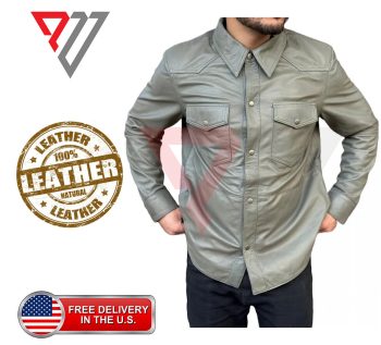 Men's Lambskin Soft Gray Leather Slim Fit Full Sleeve Biker Casual Button Shirt | PWVests