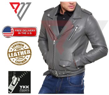 Men's Gray Lambskin Belted-Waist Asymmetric Zip Biker Jacket | PWVests