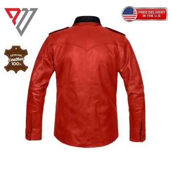 Red Lambskin Leather Slim Fit Full Sleeve Biker Button Shirt | PWVests