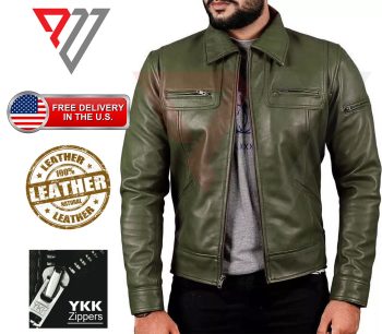Men's Olive Green Lambskin Shirt-Collar Multi-Pocket Jacket | PWVests