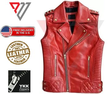 Men's Red Genuine Leather Slim-Fit Motorcycle Vest — Button-Front Biker Style | PWVests