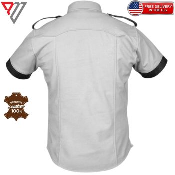 White Lambskin Leather Slim Fit Half Sleeve Biker Button Shirt | PWVests