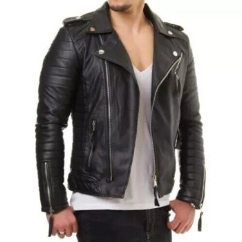 Men's Black Lambskin Silver-Epaulette Asymmetric Zip Biker Jacket | PWVests