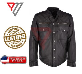 Men's Black Lambskin Leather Full Sleeve Zip Pocket Riding Shirt | PWVests