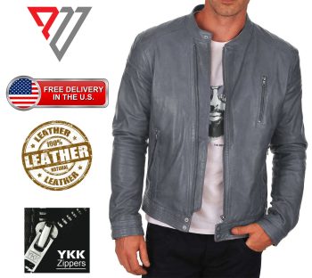 Men's Gray Lambskin Band-Collar Café Racer with Chest Pocket | PWVests