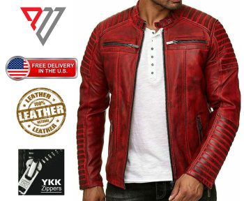 Men's Red Distressed Lambskin Ribbed-Shoulder Dual-Pocket Moto Jacket | PWVests