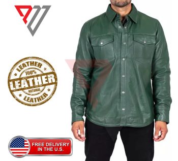 Men's Lambskin Soft Green Leather Slim Fit Full Sleeve Biker Casual Button Shirt | PWVests