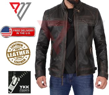 Men's Black Distressed Lambskin Quilted-Shoulder Café Racer Jacket | PWVests