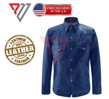 Men's Lambskin Soft Blue Leather Slim Fit Full Sleeve Biker Casual Button Shirt | PWVests