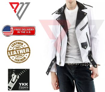 Men's White & Black Two-Tone Asymmetric Zip Lambskin Moto Jacket | PWVests