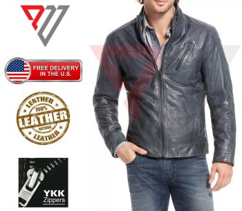 Men's Charcoal Gray Lambskin Stand-Collar Zip Moto Jacket | PWVests