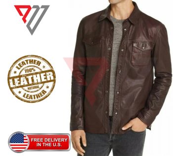 Men's Brown Lambskin Leather Full Sleeve Open Collar Shirt | PWVests