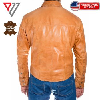 Tan Brown Lambskin Leather Slim Fit Full Sleeve Button Shirt | PWVests