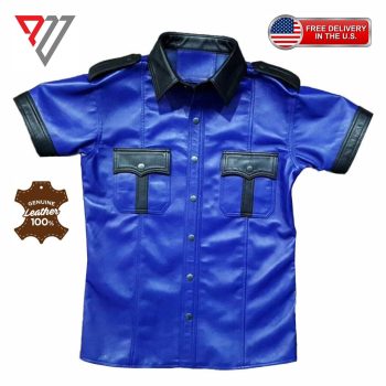Men's Lambskin Soft Blue Leather Slim Fit Half Sleeve Biker Casual Button Shirt | PWVests