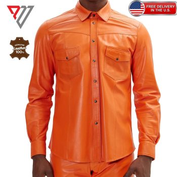 Men's Genuine Lambskin Soft Orange Leather Slim Fit Casual Button Shirt | PWVests