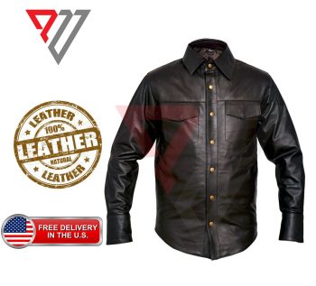 Men's Lambskin Soft Black Leather Slim Fit Full Sleeve Biker Casual Button Shirt | PWVests
