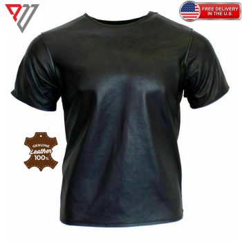 Men's Lambskin Black Leather Slim Fit Half Sleeve Biker Casual Shirt | PWVests