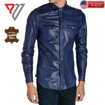 Men's Lambskin Purple Leather Slim Fit Full Sleeve Biker Casual Button Shirt | PWVests