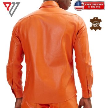 Orange Lambskin Leather Slim Fit Full Sleeve Biker Button Shirt | PWVests