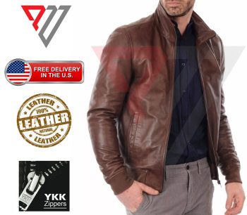 Men's Mahogany Brown Lambskin Funnel-Collar Jacket with Ribbed Waistband | PWVests