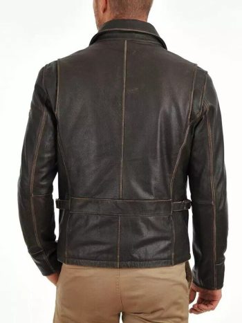Vintage-Washed Point-Collar Leather Jacket with Epaulette Shoulder Straps - back view