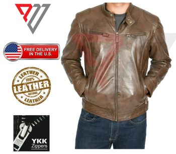 Men's Taupe Brown Lambskin Dual-Chest-Zip Jacket with Ribbed Waistband | PWVests