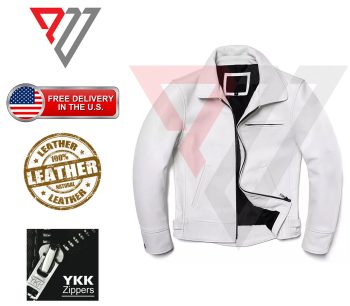 Men's White Lambskin Spread-Collar Biker Jacket | PWVests
