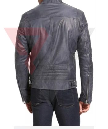Men's Steel Blue-Gray Lambskin Collarless Zip Motorcycle Jacket | PWVests