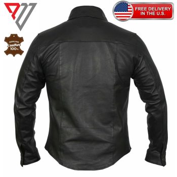 Black Lambskin Leather Slim Fit Full Sleeve Biker Button Shirt | PWVests